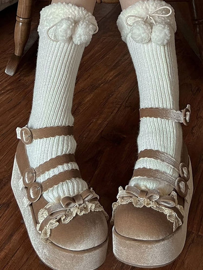 Lace Trim Bowknot at Top Velvet Light Brown Buckle Straps Platforms