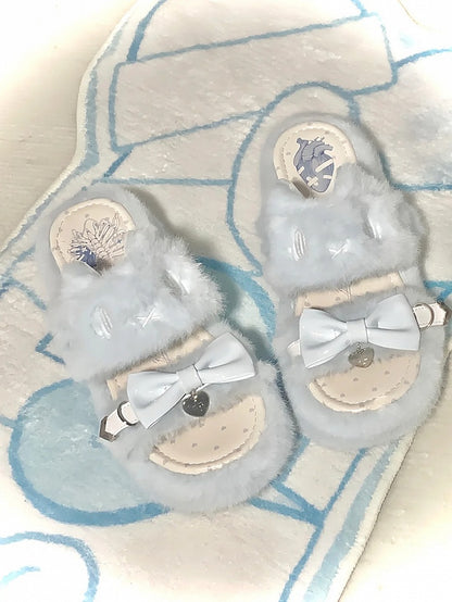 Light Blue Jirai Kei Plush Slippers: Embroidered Cat Design with Platform Sole & Top Bow