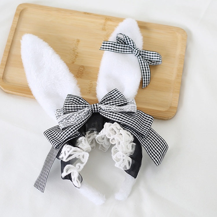 4 Colors Cute Lolita Gingham Bowknot Bunny Ear KC with Detachable Small Bowknots