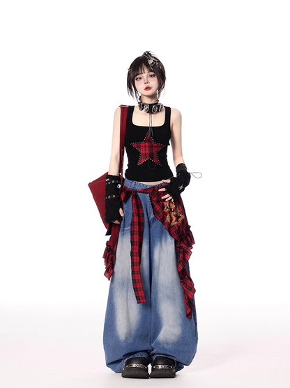 Blue Low Rise Faded Wash Vintage Wide-leg Jeans with Red Plaid Waist Accessory