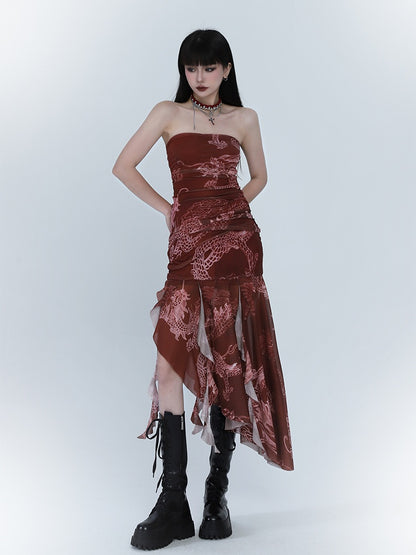 Red Dragon Print Asymmetrical Hem Slim-fitting Dress