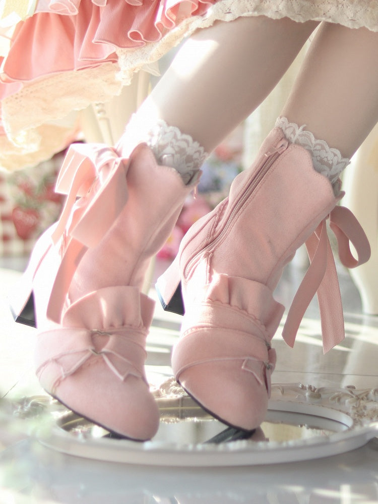 Pink Knotted Bow Accent Zip Closure at Sides Ankle Boots