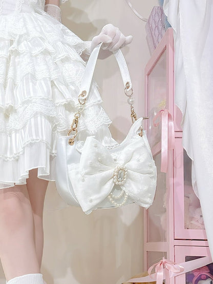 White Shoulder Bag in Sweet Lolita - Satin with Sparkling Beaded Bow