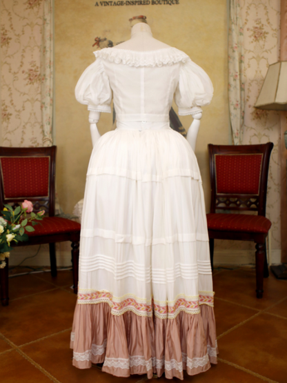 White & Pink Lace Trim Flounce Hem Vintage Southern Belles Victorian Skirt