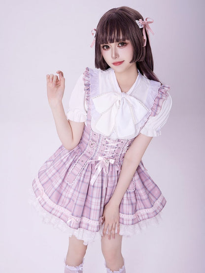 Pink Lace-up High Waist Jirai Kei Plaid Skirt with Detachable Flutter Straps