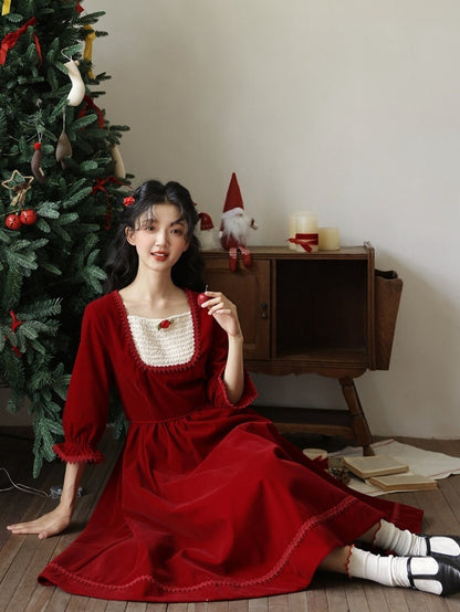 Wine Red Vintage Rose Square Neckline Dress