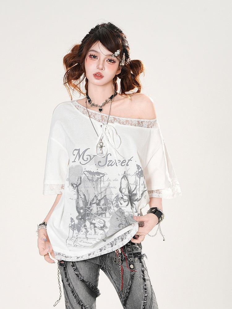 Asymmetrical Neckline Lace Trim Butterfly Print Black/White Loose T-shirt