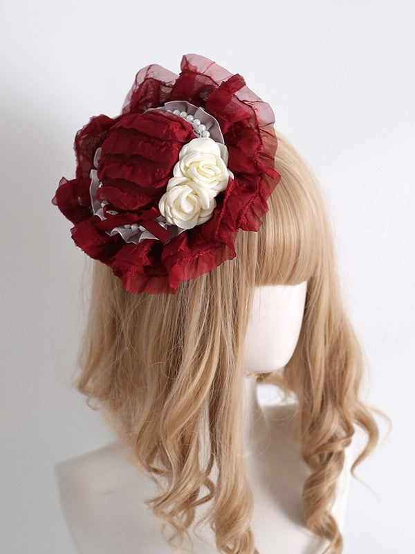 Red Beaded Decorated Camellia Design Lace Trim Mini Hat