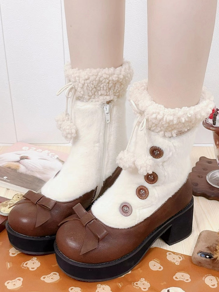 Brown & White Elegant Lolita 4cm/6cm Mid-heel Winter Boots - Plush Lining with Button Accents, Bow Details & Inner Zipper