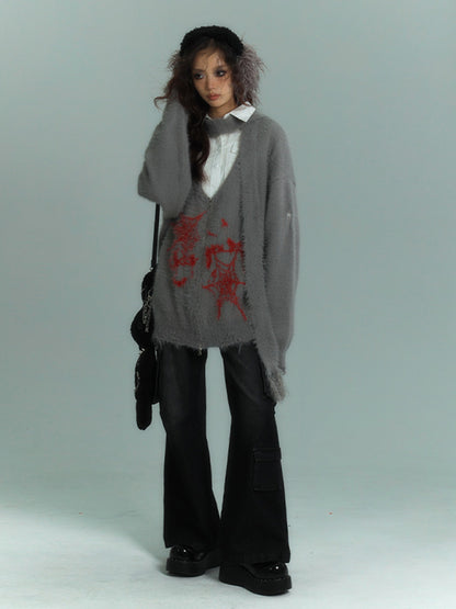 Punk Spiderwebs Gray V-neck Distressed Holes Loose Zip Cardigan with Scarf