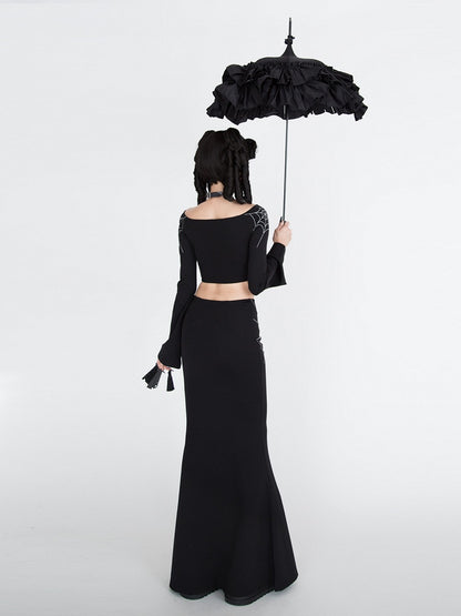 Gothic Black Spiderweb Embroidery Mermaid Skirt