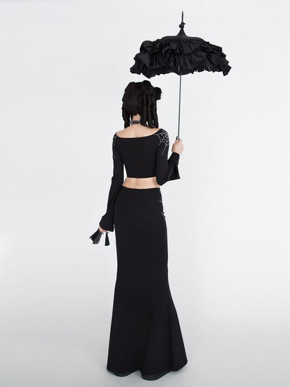 Gothic Black Spiderweb Embroidery Bell Sleeves Cropped Top
