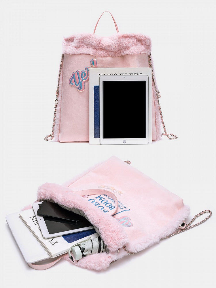 Fluffy Letter-Embellished Pink Backpack with Chain Straps and Holographic Star Accents