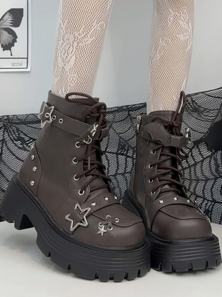 Brown Star Buckle Straps Bat Wings Y2K Platform Ankle Boots