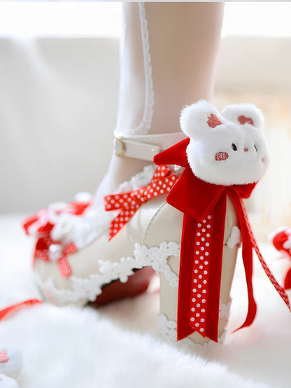 Red Sweet Lolita Bow at Top Plush Bunny Decorated 8CM Block Heels Lolita Shoes