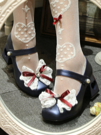 Heart-shaped Hollowed Heel Dark Blue Elegant Mary Janes with Lace Bowknot Clips