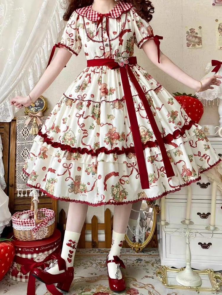 Teddy and Strawberry Print Creamy White Lolita Short Sleeves Dress