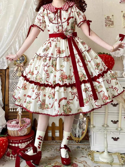 Teddy and Strawberry Print Creamy White Lolita Short Sleeves Dress