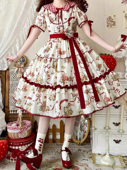 Teddy and Strawberry Print Creamy White Lolita Short Sleeves Dress