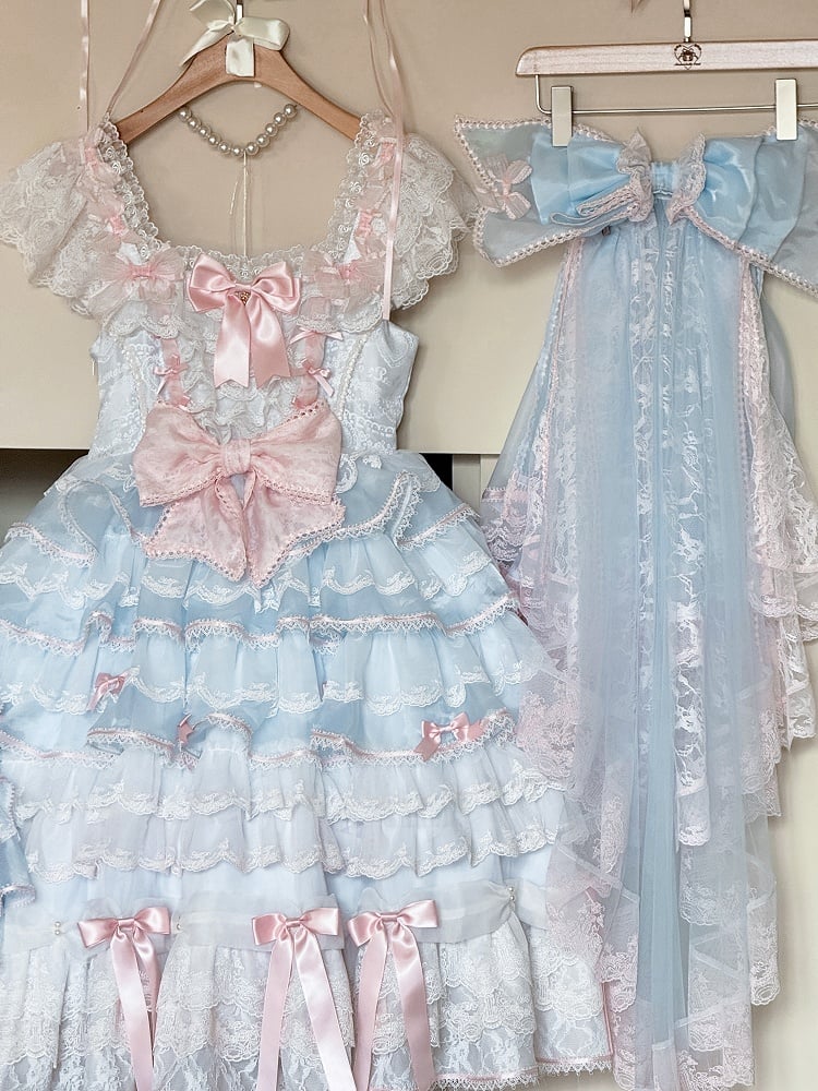 Blue and Pink Hime Lolita Bow Accents Tiered Skirt Princess Dress