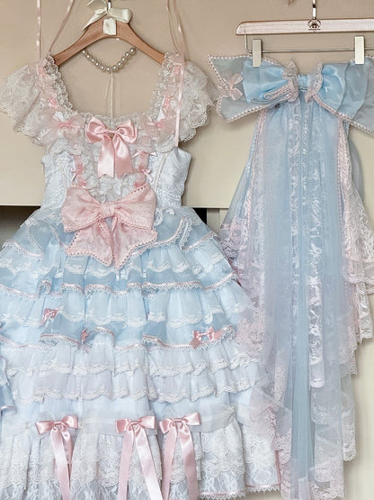 Blue and Pink Hime Lolita Bow Accents Tiered Skirt Princess Dress