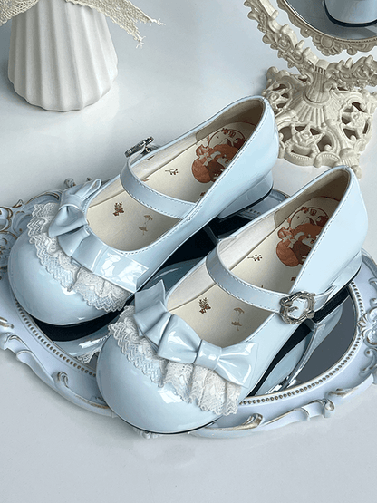 Low-heel Light Blue Mary Janes in PU - Round Toe Design, Lace Edging & Bow Decor