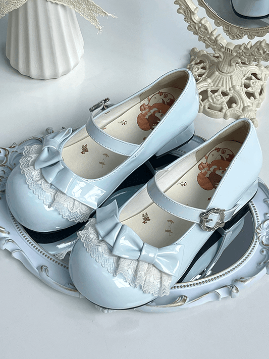 Low-heel Light Blue Mary Janes in PU - Round Toe Design, Lace Edging & Bow Decor