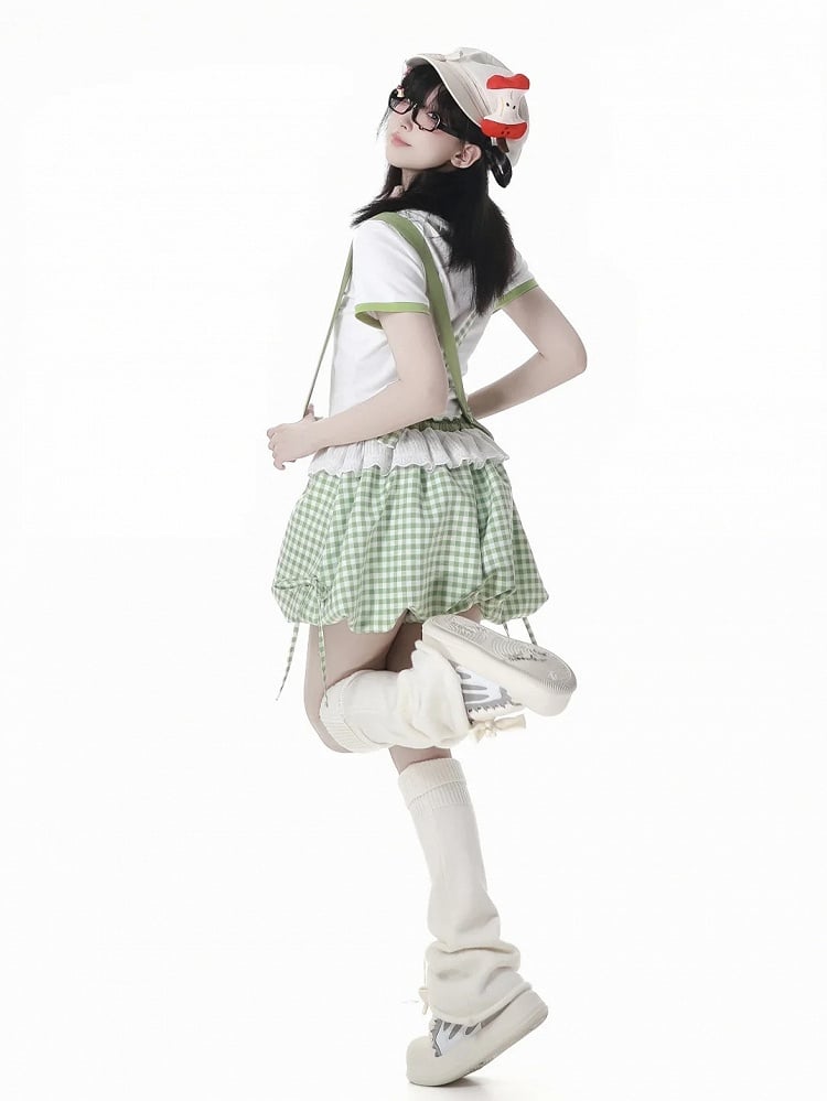 Green Apple Print Lettuce Hem Self-tie Bow Neckline White T-shirt