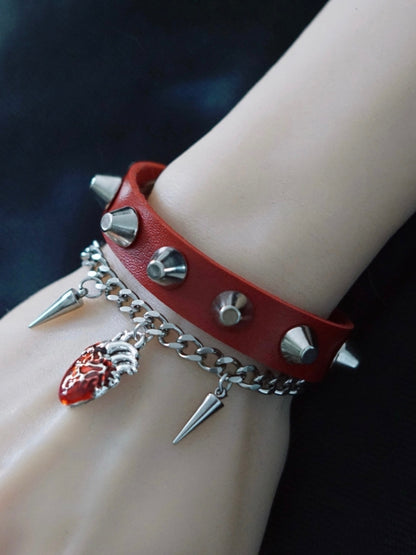 Red Gothic Heart Charm Studs Decorated Bracelet Set