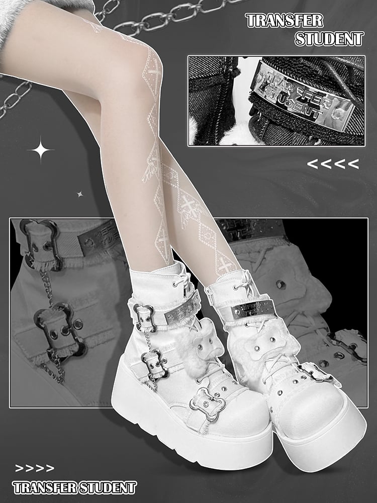 Buckle Straps Plush Bone Decorated Denim White Punk Platform Boots