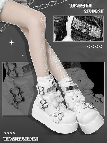 Buckle Straps Plush Bone Decorated Denim White Punk Platform Boots