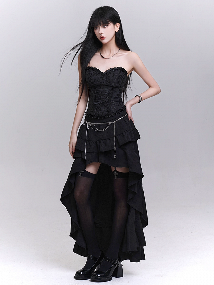 Black Cascading Flounce Trim High-low Skirt