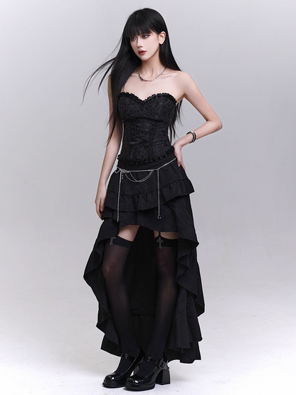 Black Cascading Flounce Trim High-low Skirt