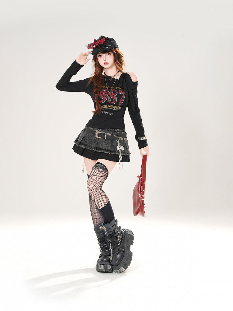 Vintage Number Print Blue/White/Black Asymmetrical Neckline Top