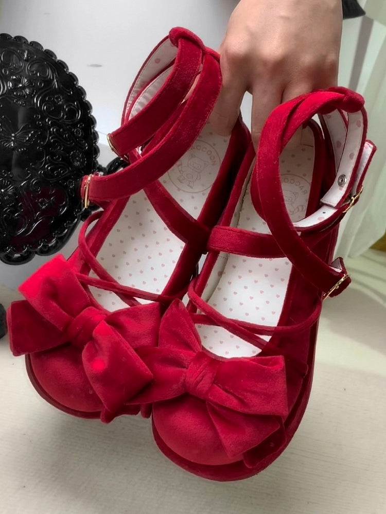 Sweet Wine Red Lolita Platforms in Velvet - Bow at Top, Crisscross Design & Heart Fastener