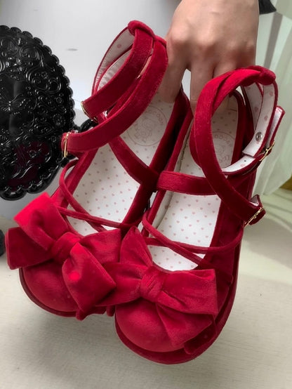 Sweet Wine Red Lolita Platforms in Velvet - Bow at Top, Crisscross Design & Heart Fastener
