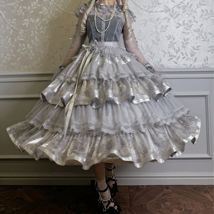 Silver Gray Bunny and Kitty Print Lolita Tiered Skirt