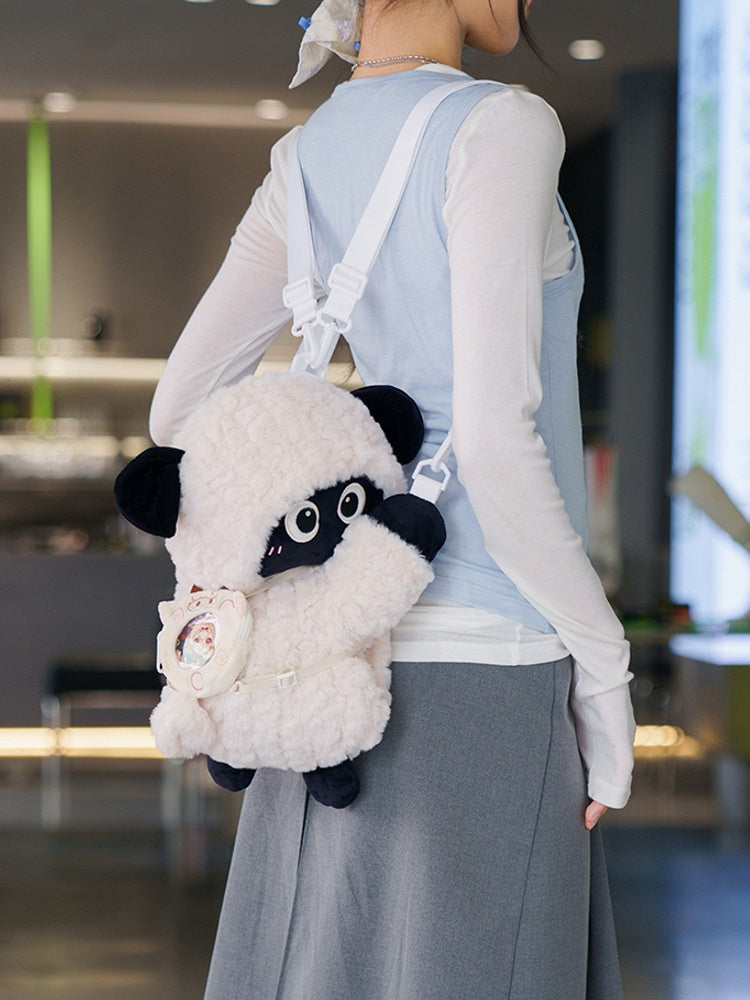 Cute Little Lamb White&Black Plush Backpack/Crossbody Bag + Keychain