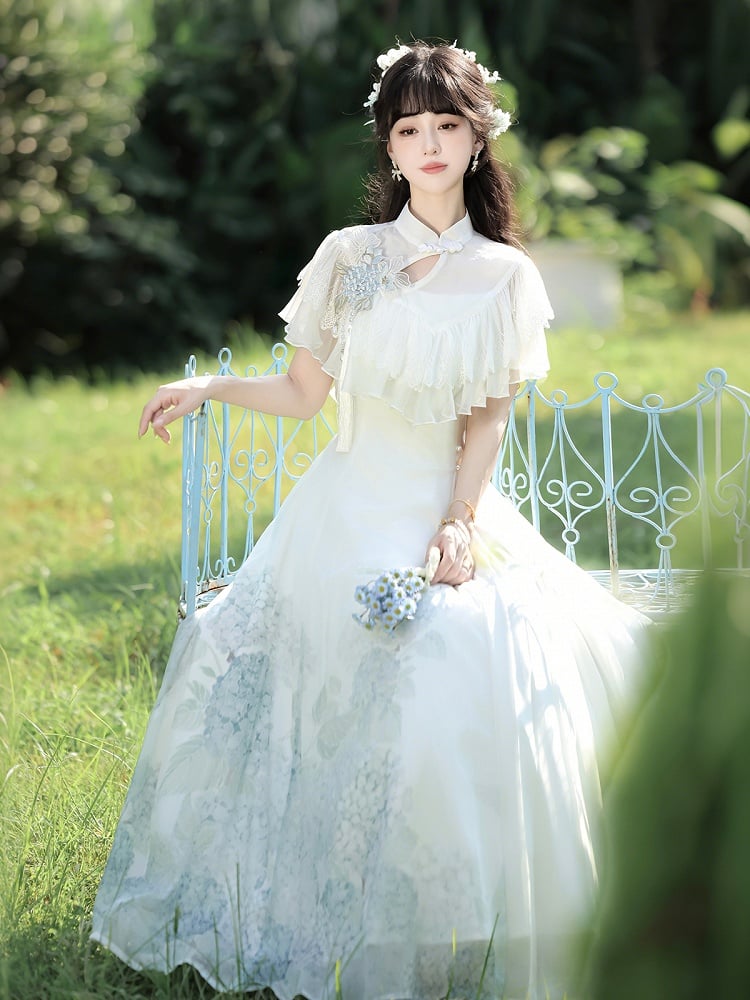 Hydrangea Print White Elegant Classic Lolita Dress with Lace Shawl