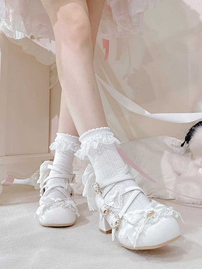 White Sweet Lolita Bowknot Details Crisscross Design Heart Buckle Straps 5CM Block Heels Shoes