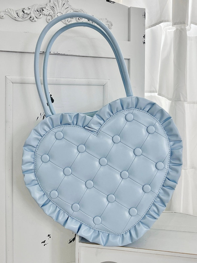 Lolita Heart-Shaped Blue Handbag with Diamond Quilting and Frilly Ruffle Edges