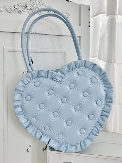 Lolita Heart-Shaped Blue Handbag with Diamond Quilting and Frilly Ruffle Edges