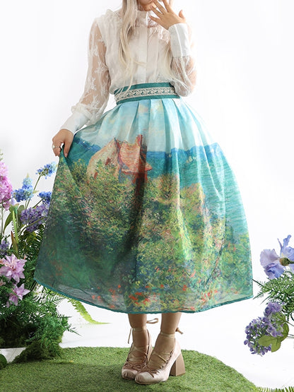Fisherman's Cottage Oil Painting Print Geen High Waist Skirt Long/Short Version