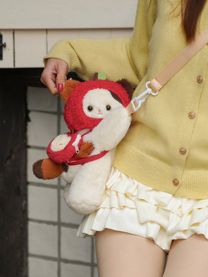 White Cute Kitty Heart Plush Backpack/Crossbody Bag + Red Apple Hat + Apple Backpack Keychian Middle/Large Size