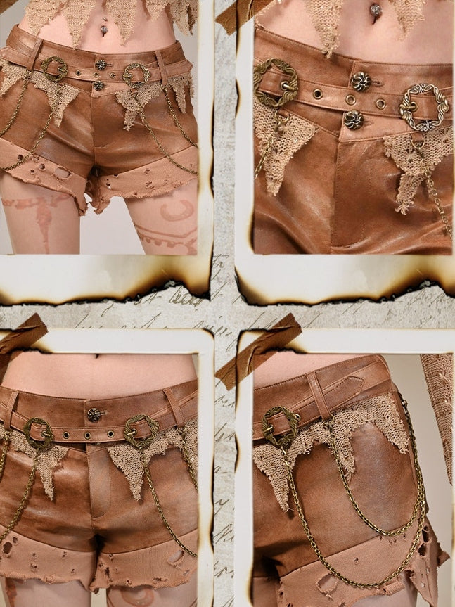 Brown Distressed Low Waist Wasteland Punk Shorts with Chain Accents