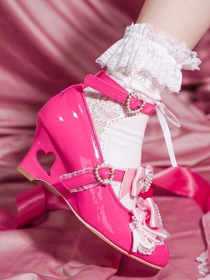 Barbie Pink Gyaru Fashion Heart Cut-out Wedge Heels Mary Janes Jirai Kei Shoes