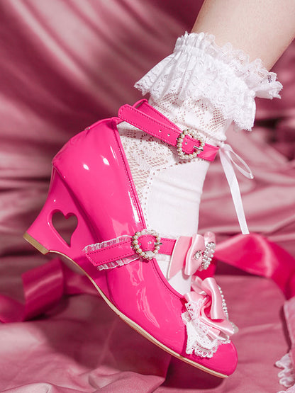 Barbie Pink Gyaru Fashion Heart Cut-out Wedge Heels Mary Janes Jirai Kei Shoes