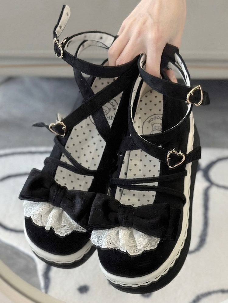 Lace Accents Bow at Top, Heart Buckle & Crisscross Straps Velvet Black Platform Shoes in Sweet Lolita
