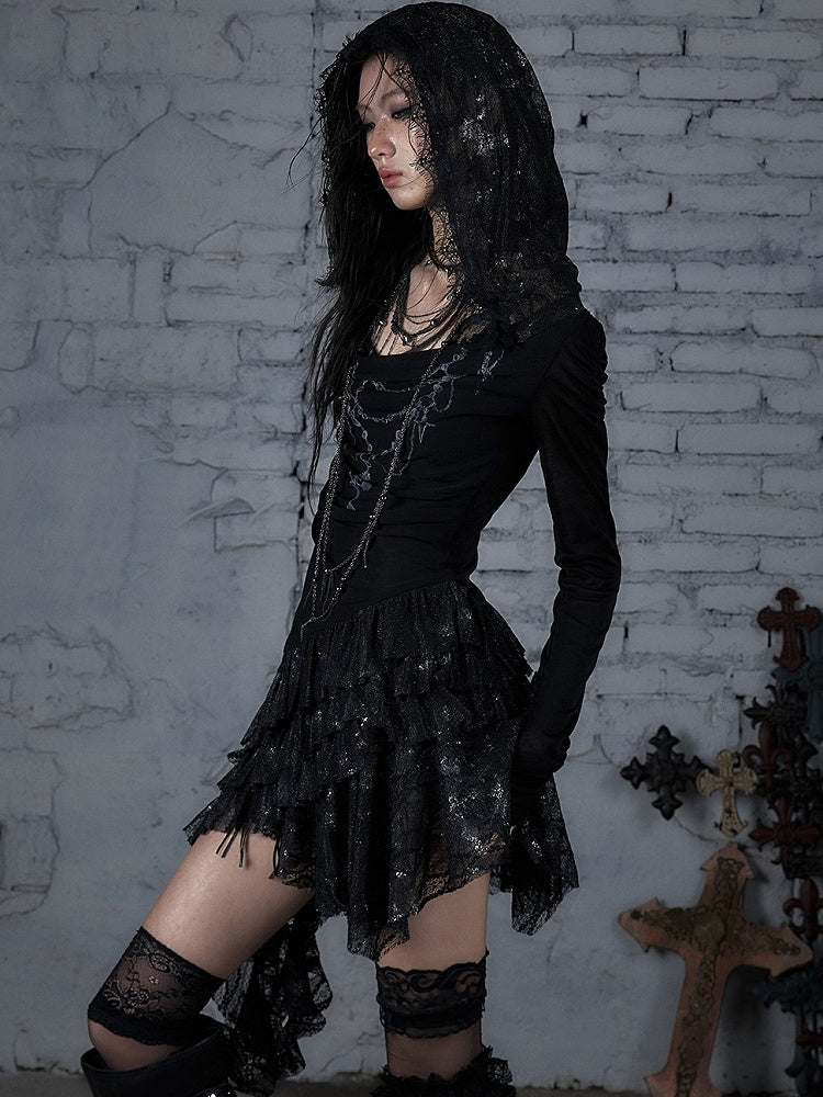 Black/Beige Wasteland Punk Cross Beaded Chain Print Lace Trim Dress