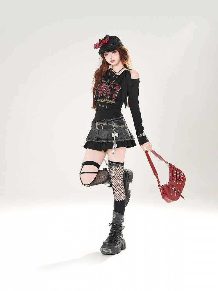 Vintage Number Print Blue/White/Black Asymmetrical Neckline Top